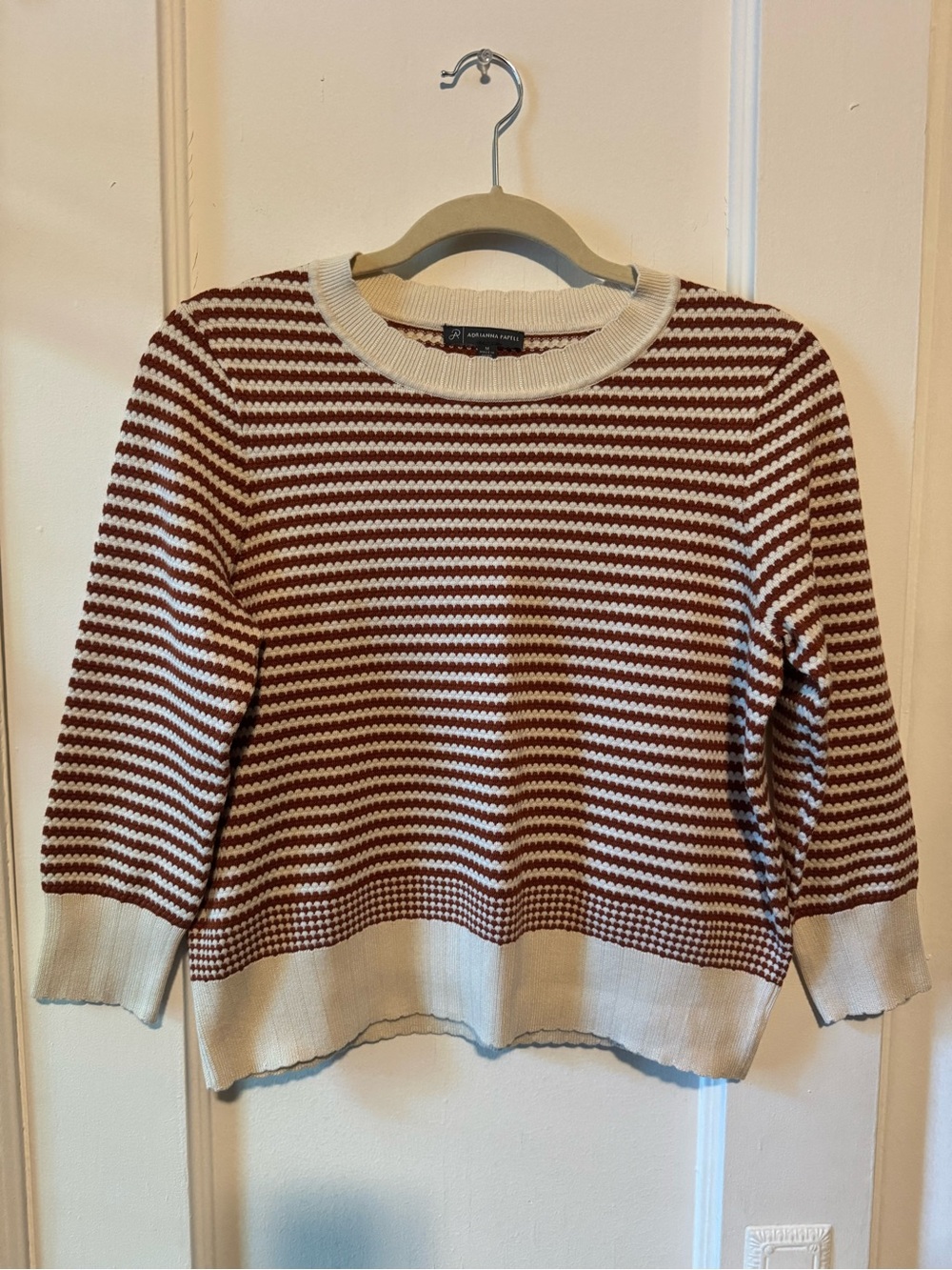 Adrianna Papell Striped Crewneck Sweater in Cream and Burgundy